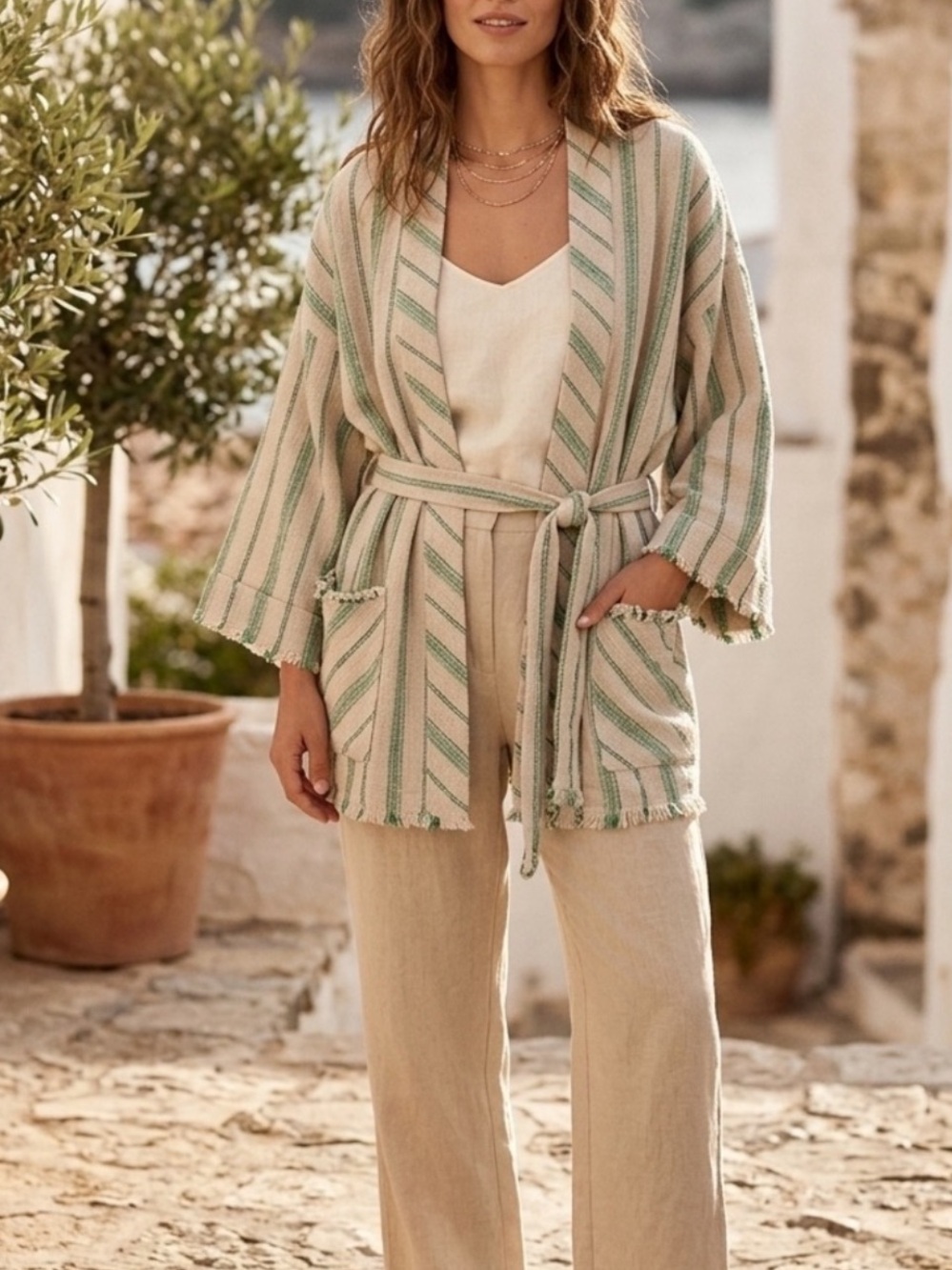 Zara Striped Tie-Waist Kimono Jacket in Sage and Cream